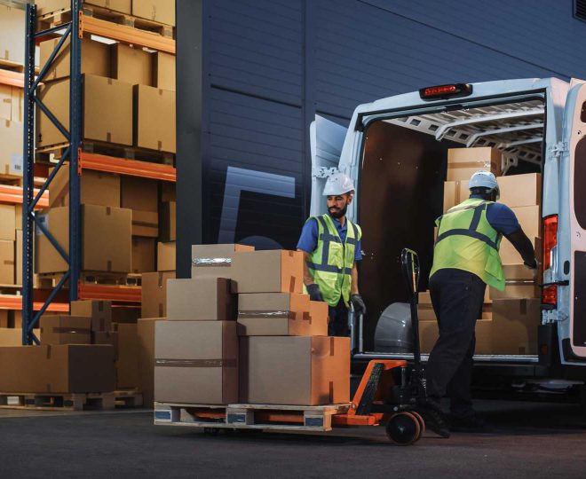 Two warehouse workers use a hand pallet truck to swiftly transfer goods between trucks at a cross-docking facility, minimizing storage and handling time in a busy industrial environment.